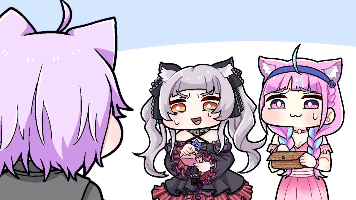 minato aqua ,murasaki shion multiple girls animal ears cat ears 3girls purple hair grey hair bottle  illustration images