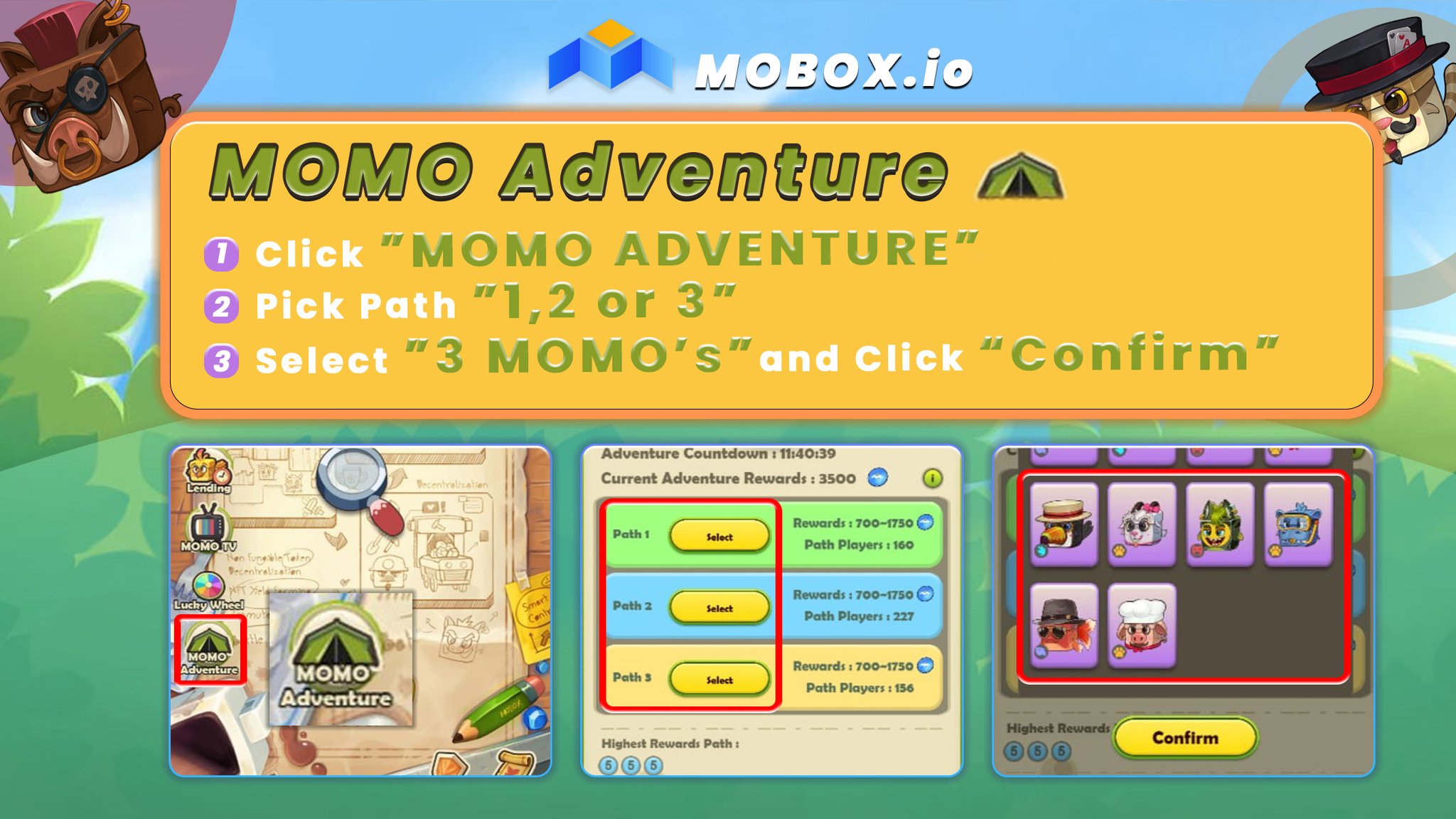 📣MOBOXers  Want to earn some more $MBOX in #TokenMaster ?  Simply use your 3⃣ Rare #MOMO #NFTs & Send them off to the " #MOMO Adventure "  * Rented MOMO's can be used  It's as easy as 1⃣, 2⃣.... & 3⃣  #MOBOX #NFT #NFTCommunity #NFTGames #NFTGame #metaverse #MOMOverse [twitter.com] [pbs.twimg.com]