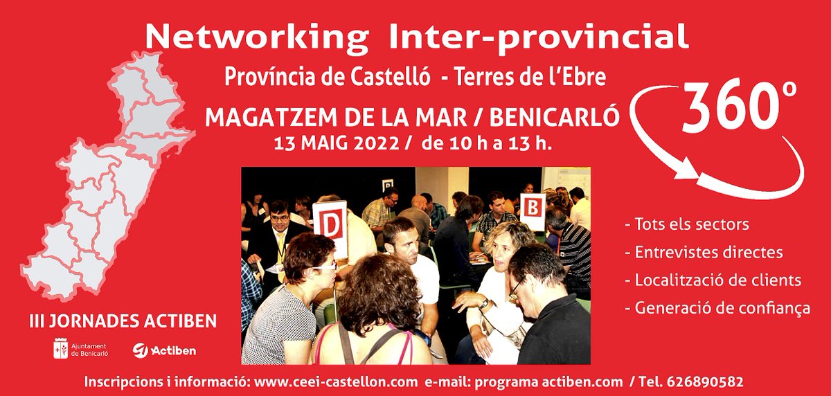 Te invitamos a la NETWOKING INTER-PROVINCIAL 360º que celebraremos el 13/05/2022.  
Localización clientes, darse a conocer, generación confianza.
Todos los sectores
<a href="/FGlobalis/">Fundación Globalis</a> <a href="/aecebre/">AECE</a> <a href="/apoyoytrabajo/">acciÓnate</a> <a href="/CEEICastellon/">CEEI Castellón</a> <a href="/Ajunt_Benicarlo/">Ajuntament Benicarló</a>