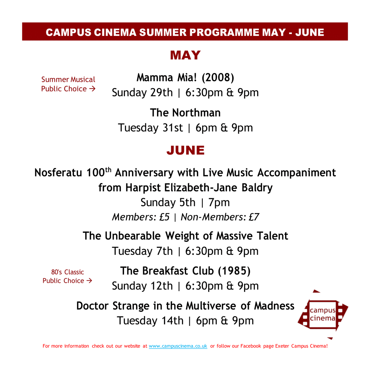 CampusCinema's tweet photo. Here it is, our summer programme for 2022. We've got a mix of retro summer classics, brand new blockbusters, and a special silent screening that we cannot wait for.
Tickets will be available soon on our Students' Guild page (https://t.co/rtuqO9JWIj).

CC Love ❤️🎟️🍿 https://t.co/0v8MWvWzW4