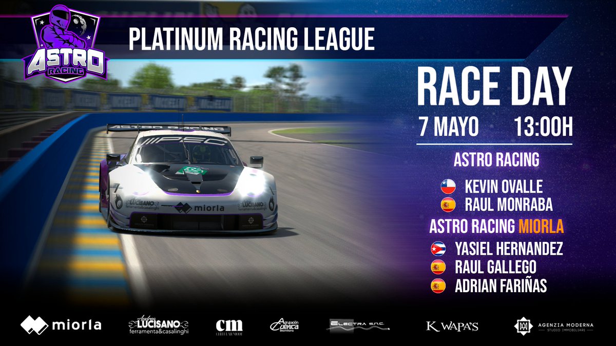 ¡DIA DE CARRERAS! 🏁

Cuarta carrera de la temporada, las 10H de LeMans en la #PEC!

📌 Le Mans, 🇫🇷
👥 @KevinOvalle21 <a href="/Monra95/">Raül Monrabà</a> 
👥 @TheBigXander <a href="/RaGaTo15/">Raul Gallego</a> <a href="/adcri3/">adcri</a>
 
⏰ 13:00 🇪🇦 | 08:00 🇦🇷 | 07:00 🇨🇱 | 06:00 🇲🇽/🇨🇴
📺 youtu.be/h0mi4hshDRQ
#WeAreAstro 👽