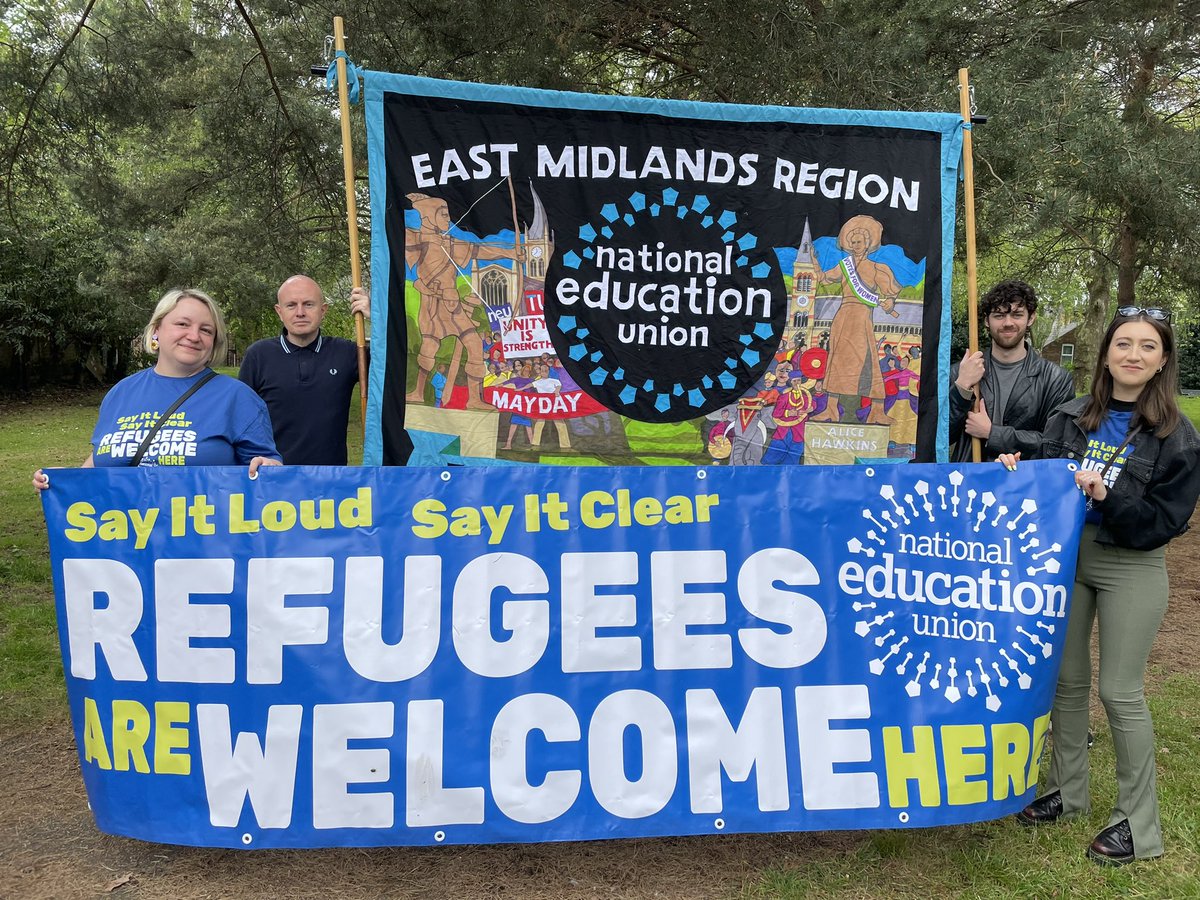 Ready to march! #Nottingham #Mayday. Refugees welcome here! #IWD22 #Solidarity #NEU