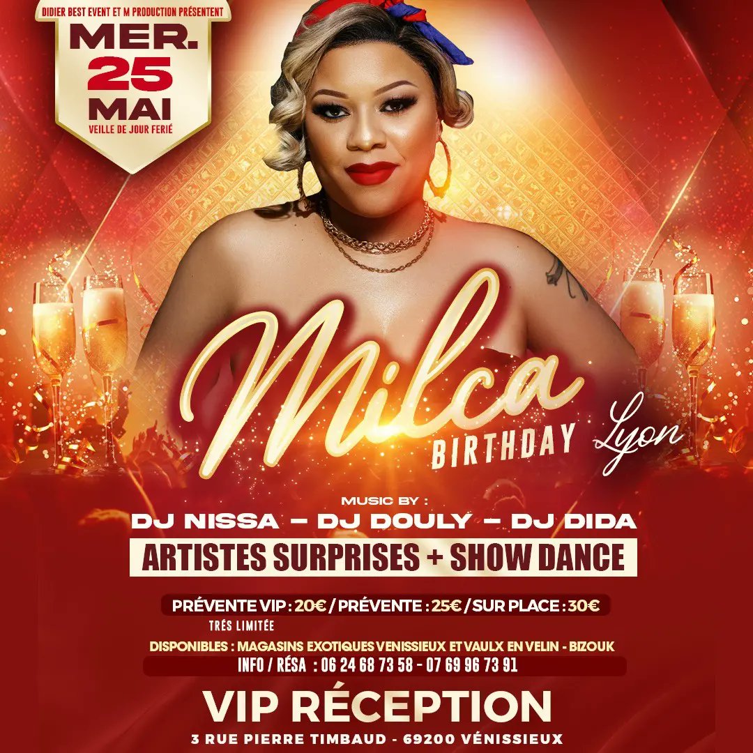 COUCOU MES AMIS LYONNAIS ! 
LE 25 MAI J'AI DÉCIDÉ DE FÊTER MON ANNIVERSAIRE AVEC VOUS AUSS CETTE ANNÉE I ♥️
JE VOUS DONNE DONC RDV AU VIP RÉCEPTION LE MERCREDI 25 MAI (Veille de jour férié)
JE VOUS RÉSERVE PLEINS DE CHOSES 😊😊
Réservez vos places ici 
👉🏼 my.bizouk.com/milca-birthday…