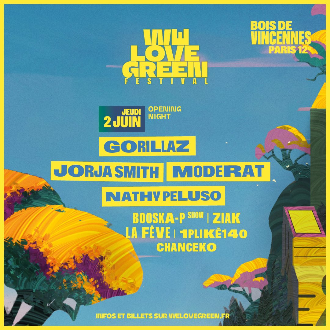 WeLoveGreen's tweet photo. 👾 WE LOVE GREEN 👾
🚀 2, 4 &amp; 5 JUIN 2022 

3 jours de concerts, de rencontres et d’explorations. Le nouveau monde se rêve en musiques 🎶

Billetterie ▶ https://t.co/atK0rkFor0 https://t.co/pEnR1I9S20