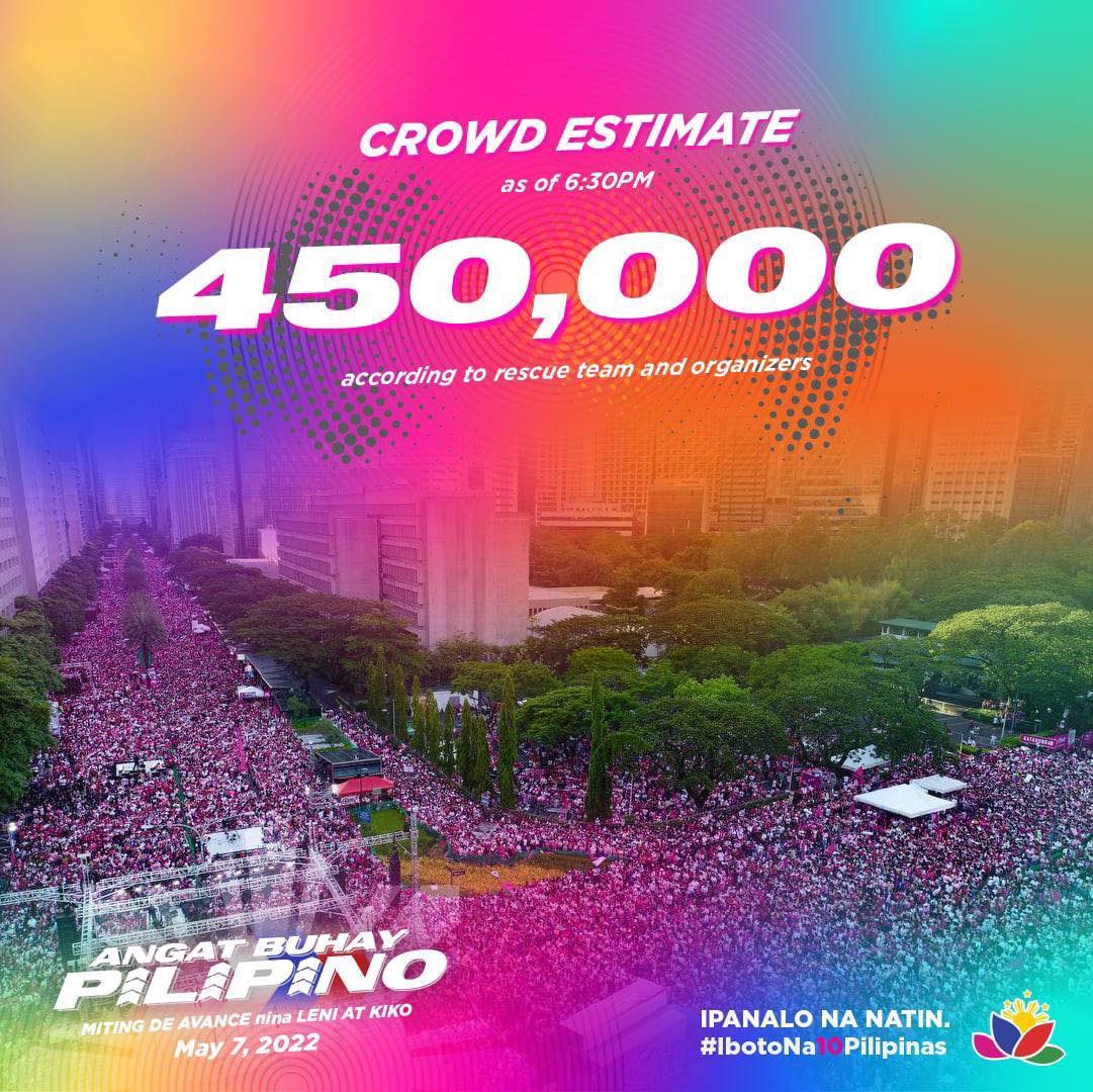 newswatchplusph's tweet photo. @anjocalimario The Leni-Kiko crowd has reached 450,000 in Makati City, per rescue team and organizers. #TheFilipinoVotes | @anjocalimario

Election stories: https://t.co/ZSYN2EJMxu https://t.co/yAJxeCUbnx