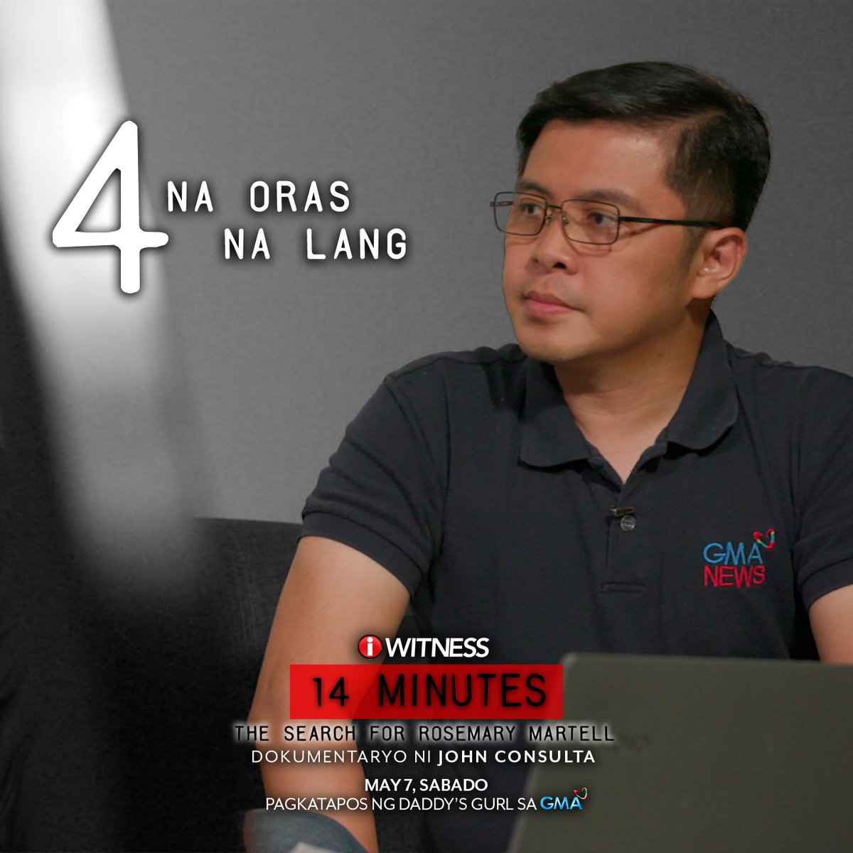 IWitnessGMA's tweet photo. 4 NA ORAS NA LANG, mapapanood na ang kauna-unahang 'I-Witness' documentary ni John Consulta.
Sabay-sabay nating sundan ang kaso ng isang misteryosong pagkawala na nagbukas ng imbestigasyon hindi lang sa NBI kundi maging sa FBI sa Amerika.
#IWitness #14Minutes https://t.co/HOrox4MiHG