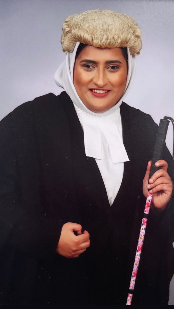 This picture speaks volumes to me as a British Pakistani, blind Muslim woman. When taking the professional pictures at my Call ceremony I ensured that my white cane was in the photo because it is significant to my journey as a legally blind barrister.