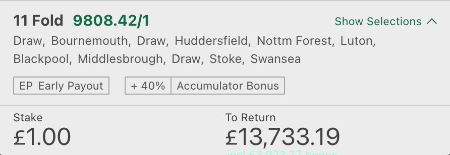 WhatAcca's tweet photo. Who's doing a full fixture wonder acca?
Got to have a few lottery bets on the last day of the season 🤑
#bigmoneyacca #acca #accumulator #bet365 #Championship #EFL #football #soccer #betting #whatacca https://t.co/b1rYGlWNAo