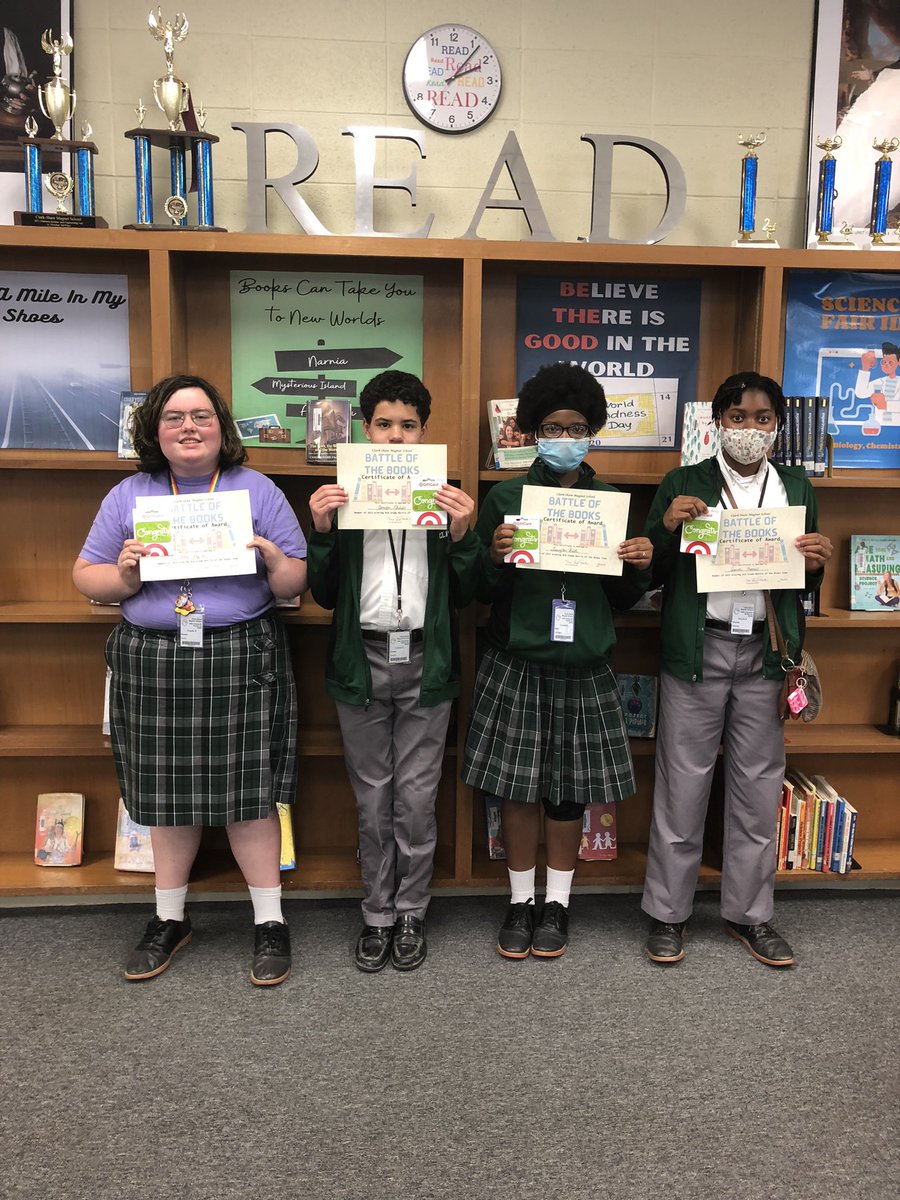 AnnaMMouton's tweet photo. Introducing the 8th Grade Battle of the Books Champions, The Trash Pandas. Congratulations!!@ClarkShawLib @Clarkshaweagles #greatcompetition #loveagoodstory https://t.co/Vnsx2wBMtz