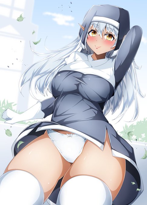 風でなびくダークエルフのシスターさん 