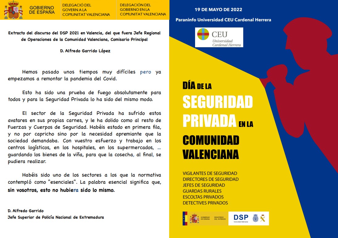 ESA_CV's tweet photo. PROGRAMA DÍA DE LA SEGURIDAD PRIVADA DE VALENCIA 2022
ESACV patrocinadora del Día de la Seguridad Privada que se celebrará en Valencia el próximo 19 de mayo de 2022. https://t.co/CvrFkf6XxR