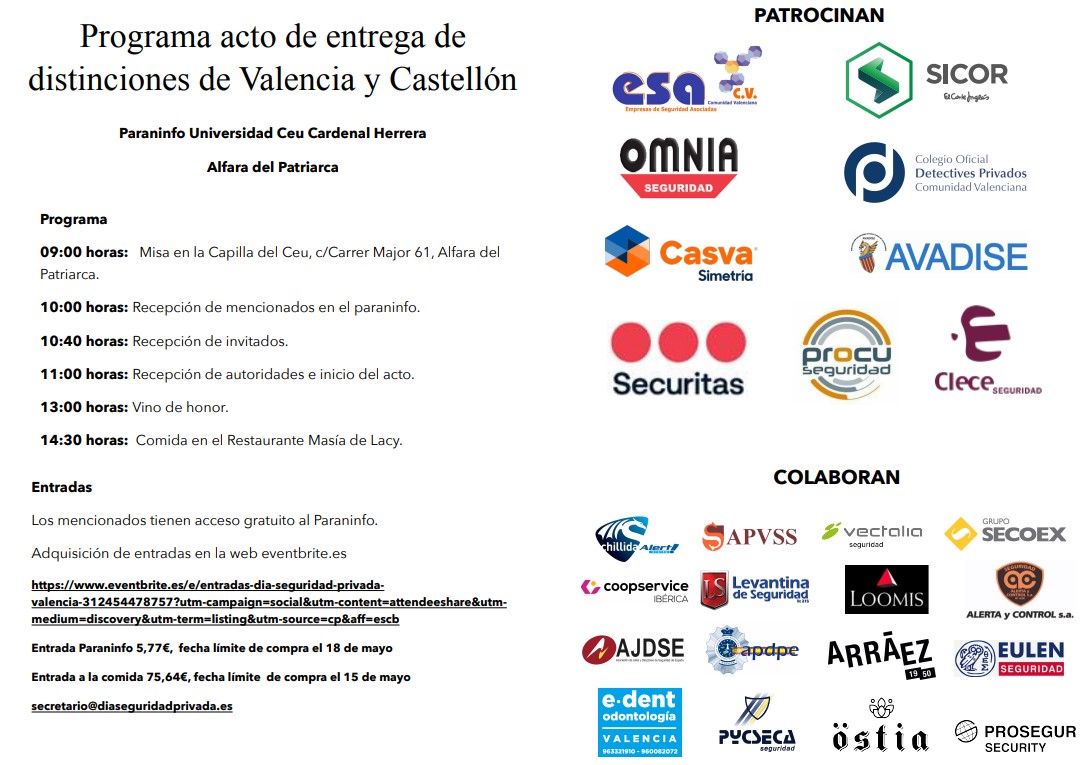 ESA_CV's tweet photo. PROGRAMA DÍA DE LA SEGURIDAD PRIVADA DE VALENCIA 2022
ESACV patrocinadora del Día de la Seguridad Privada que se celebrará en Valencia el próximo 19 de mayo de 2022. https://t.co/CvrFkf6XxR