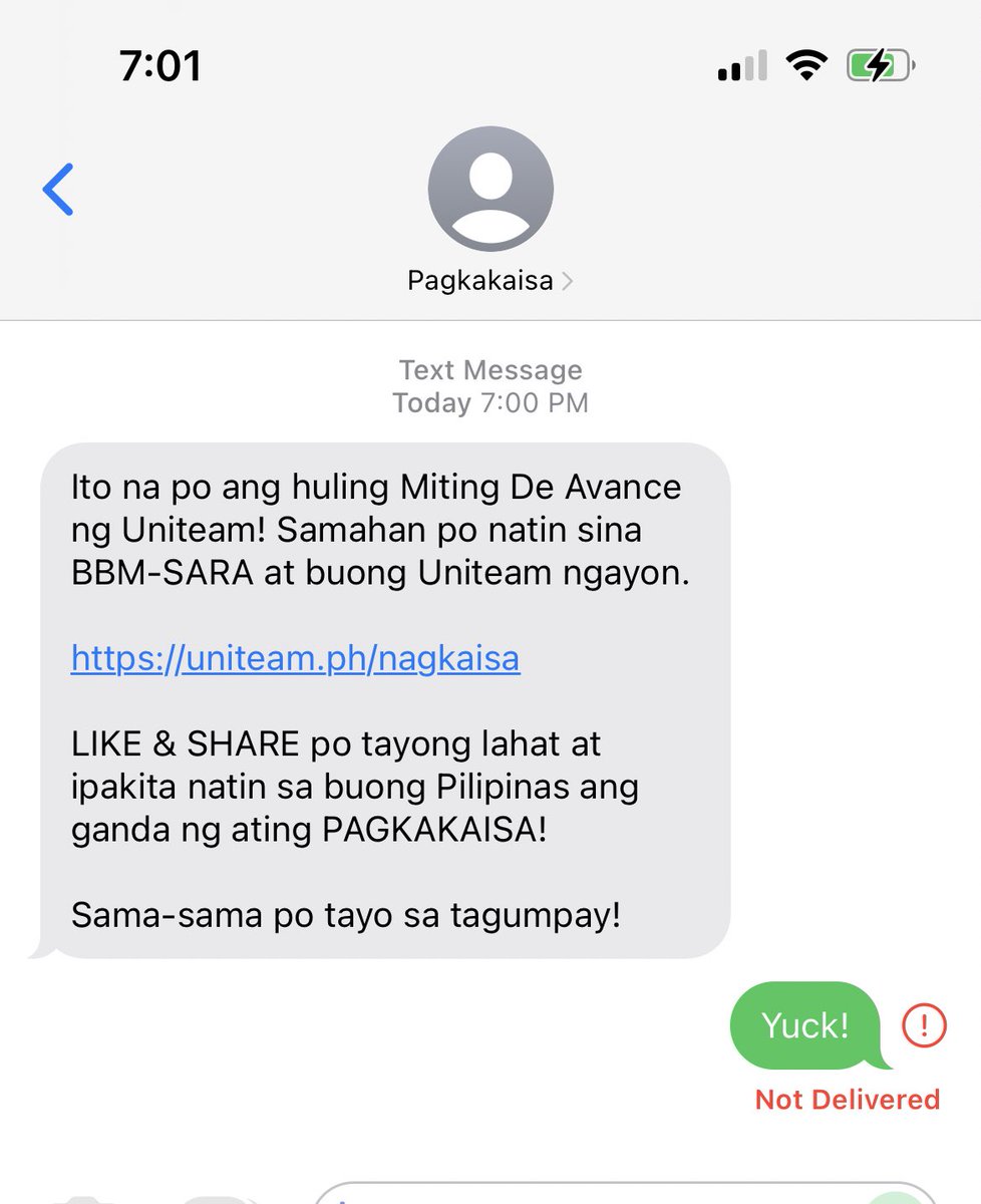 annoodaw's tweet photo. i just received this text message, wow may patext blast ang UniTeam. how did they get my phone number? 🤔 Solid #Kakampink here #MakatiIsPink https://t.co/aLSFdmrjRs