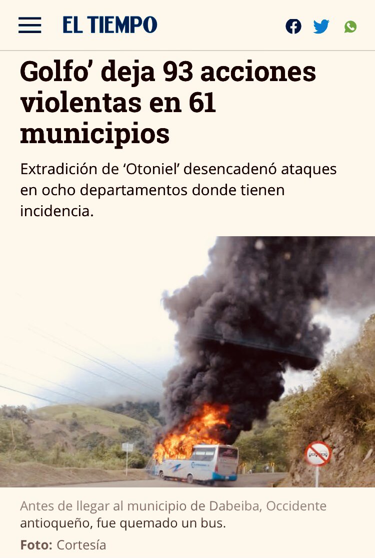 El paro armado entra hoy en su tercer día y se mantiene en Antioquia/Cordoba/Sucre/Bolívar/Chocó.

De nada sirvió el consejo de seguridad en Monteria.

El gobierno nacional perdió el control en el norte del país.

Solidaridad con las comunidades secuestradas en sus territorios.