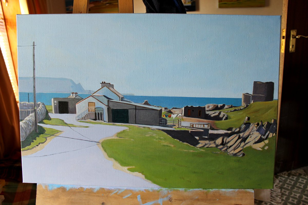SwanseaArtist's tweet photo. "The Castles" my latest work in progress is now 95% completed - experimenting with #greyscaling #tonalvalues and #glazing. Check out my blog latest adventures in acrylic painting here - https://t.co/6xbuBeJOP3 #TheCastles #Inishowen #Donegal #Ireland #wip #acrylic #linencanvas https://t.co/em9LWCutXf