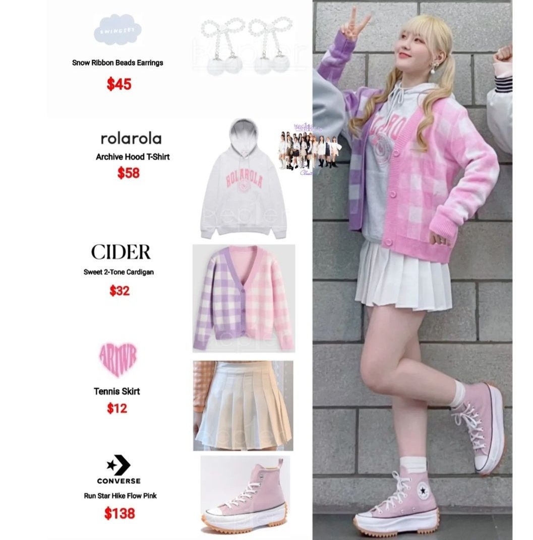 Kep1ersCloset's tweet photo. {220329 - 'The Show' MC}
#Chaehyun is wearing:
๐น#Swingset Snow Bead Earrings $45
๐น#RolaRola Archive Hood T-Shirt $58
๐น#Cider Sweet 2-Tone Cardigan $32
๐น#Ariwr Tennis Skirt $12
๐น#Converse Run Star Hike Flow Pink $138
#KimChaehyun #Kep1er #Kep1erFashion #THESHOW https://t.co/EQlon5uaDt