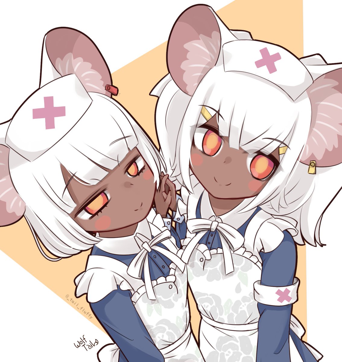 2girls animal ears multiple girls dark skin white hair dark-skinned female nurse cap  illustration images