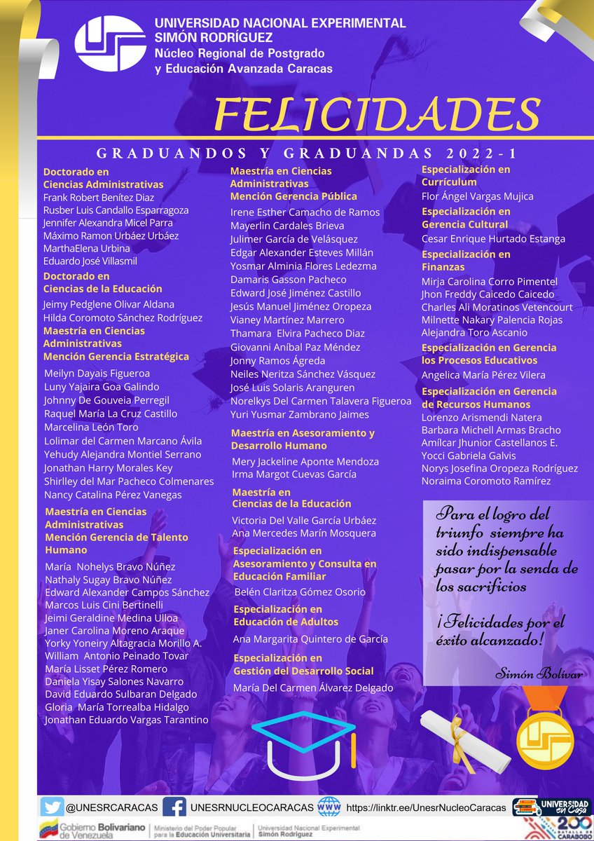 UnesrCaracas's tweet photo. La #UNESR Núcleo Regional de Postgrado y Educación Avanzada Caracas se complace en extender sinceras felicitaciones a las y los próximos Graduandos de Doctorados, Maestrías y Especializaciones
¡Felicitaciones! https://t.co/KcUg6CfOvE