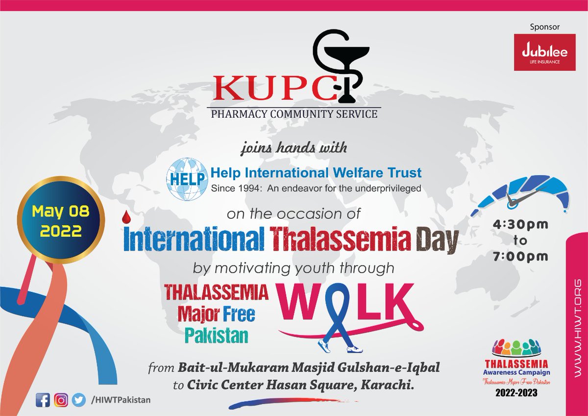 KUPCSofficial's tweet photo. As an awareness-raising initiative and behavior change campaign, KUPCS in collaboration with HIWT is taking part in Thalessimia Major Free Pakistan Walk for on International Thalessimia Day.
#InternationalThalassaemiaDay
#HIWT #KUPCS
#ThalessimiaFreePakistan https://t.co/FsVeE0aFRG