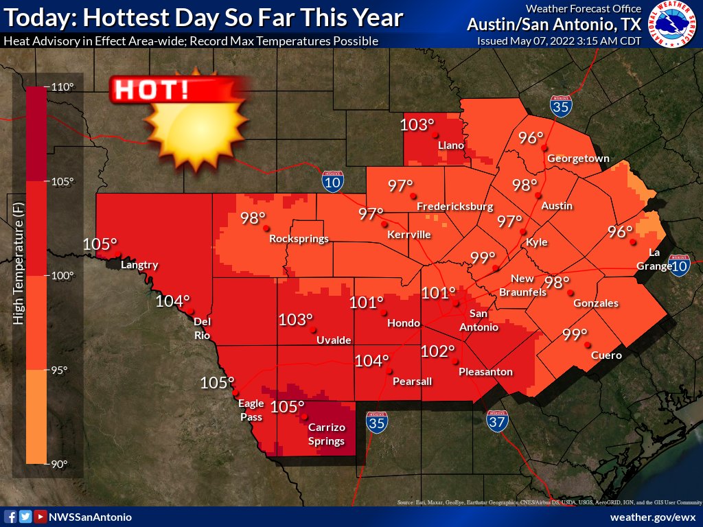 NWSSanAntonio's tweet photo. Unusually hot weather arrives early this year, and might catch those spending time outdoors off-guard. Near record high temperatures are  expected today and Sunday, and elevated heat index values will last at least through Monday. Practice proper heat safety if you are outdoors! https://t.co/jLwLwmpbIA