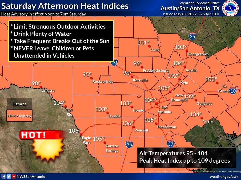 NWSSanAntonio's tweet photo. Unusually hot weather arrives early this year, and might catch those spending time outdoors off-guard. Near record high temperatures are  expected today and Sunday, and elevated heat index values will last at least through Monday. Practice proper heat safety if you are outdoors! https://t.co/jLwLwmpbIA