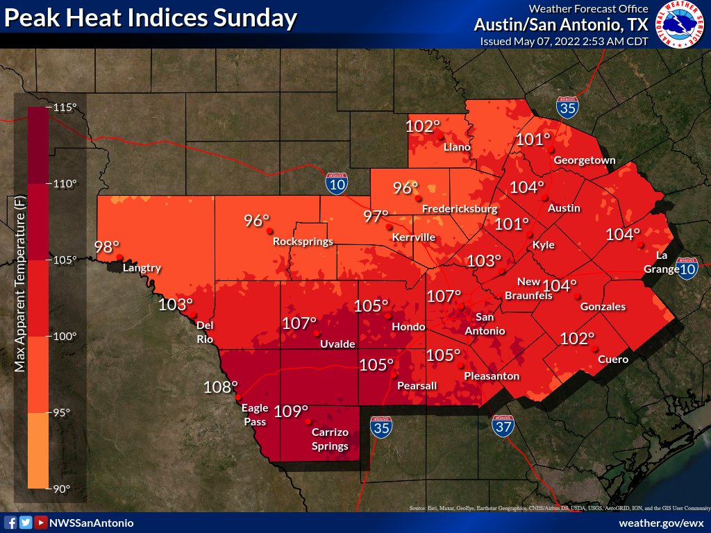 NWSSanAntonio's tweet photo. Unusually hot weather arrives early this year, and might catch those spending time outdoors off-guard. Near record high temperatures are  expected today and Sunday, and elevated heat index values will last at least through Monday. Practice proper heat safety if you are outdoors! https://t.co/jLwLwmpbIA