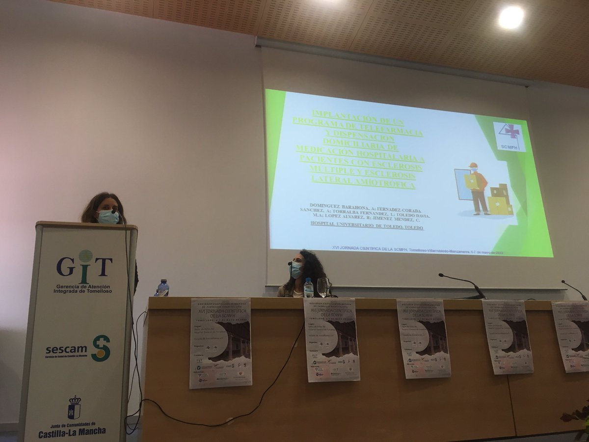 SCMFH's tweet photo. Quinta comunicación: Ana Domínguez de @Farmacia_CHUT @SanidadToledo : “Implantación de un programa de telefarmacia y dispensación domiciliaria de med. hospitalaria a pac. con esclerosis múltiple y esclerosis lateral amniotrófica.” #SCMFH22 https://t.co/yZELisFAqD