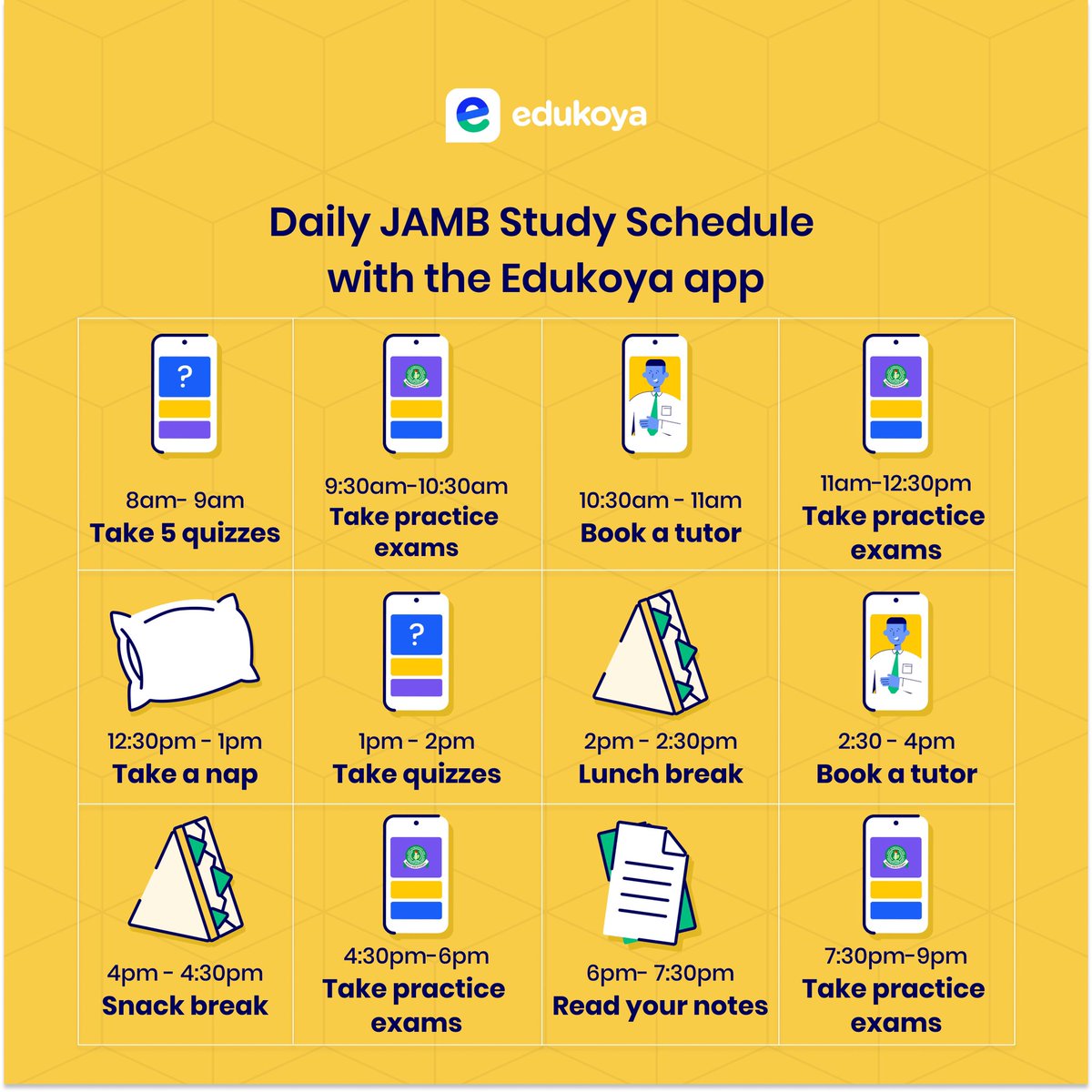 edukoya's tweet photo. Letβs ace JAMB 2022!πͺπΎ
β
Take practice exams with JAMB past questions on the Edukoya app
β
Book a session with a tutor if you are struggling with a topic.
β
Take fun 10 minute quizzes
#edukoya #letsaceit #jamb2022 #nigerianuniversities #jambexam #jambtutorial #studytips https://t.co/lfHGXtaePF