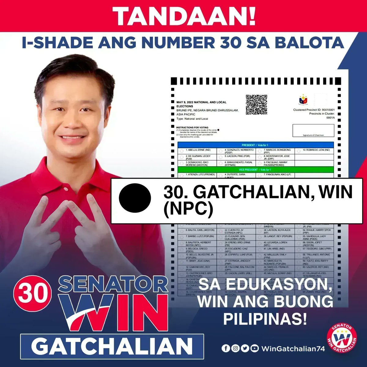 WinGatchalian74's tweet photo. Number 30 po sa balota! Sa inyong tulong at suporta, maipagpapatuloy natin ang laban para maiangat ang kalidad ng edukasyon sa bansa.

#WINTayongLahat #WIN30saBALOTA https://t.co/4NmCx79MQ6