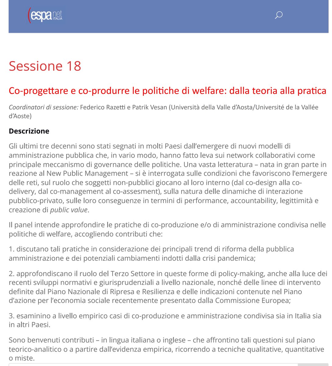 📢Alla Conferenza #ESPAnet Italia (<a href="/unibait/">Uniba.it Aldo Moro</a>, 1-3 settembre) sarò felice di coordinare con <a href="/PatrikVesan/">Patrik Vesan</a> la  sessione "#Coprogettare e #coprodurre le politiche di #welfare: dalla teoria alla pratica". 
🗓️Le proposte di paper vanno inviate entro il 30.05 ➡️forms.gle/6nDZJPxN2RuJog… 🧵