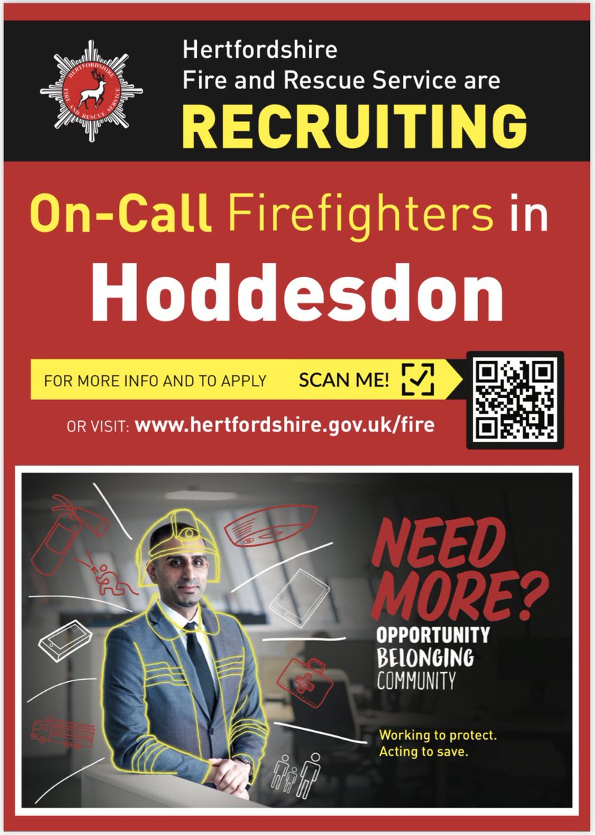 Hoddesdon_Fire's tweet photo. We are now recruiting on call firefighters at Hoddesdon, and we want our applicants to reflect the community we serve.

If you want to find out more about what it’s like to be a on call firefighter, visit our website:

https://t.co/JcRusK3vOT

#BeOurFuture #JoinOurTeam https://t.co/C49bTuXAk9