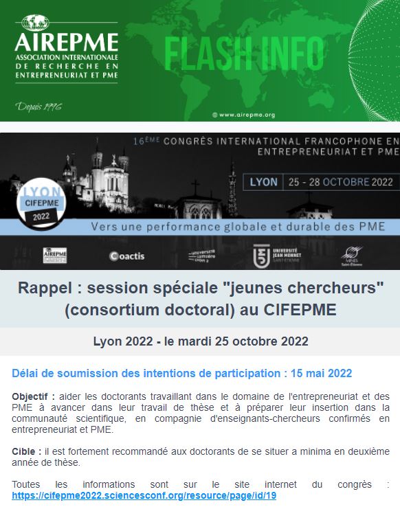 airepme's tweet photo. 📢Rappel : session spéciale "jeunes chercheurs" (consortium doctoral) au CIFEPME, Lyon 2022 - le mardi 25 octobre 2022
📅Délai de soumission des intentions de participation : 15 mai 2022
👉Toutes les informations sont sur le site internet du congrès : https://t.co/IaXU65fxZt https://t.co/x9gHQFiqmm