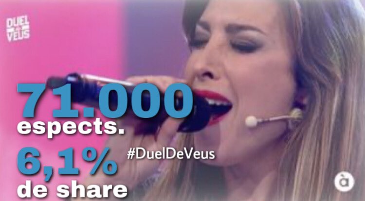 La 2a GALA de #DuelDeVeus puja en la nit de divendres d’<a href="/apunt_media/">À Punt</a> i DESTACA amb 71.000 espectadors (6,1% de share) Enhorabona <a href="/alex_blanquer/">Àlex Blanquer 📺 Presentadora</a> @_samanthagg <a href="/pere_aznar/">Pere Aznar</a> <a href="/SoleGimenez/">Sole Giménez</a> <a href="/giselaoficial/">Gisela</a> !