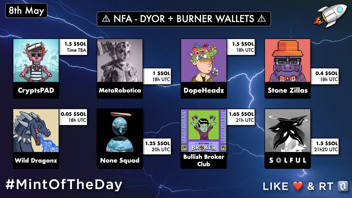 🔥 Tomorrow's Trending #SolanaNFTs 🔥

18UTC・<a href="/CryptsPad/">CryptsPAD | 94% STAKED</a>・1.5 SOL
18UTC・@MetaRobotica・1 SOL
18UTC・<a href="/DopeHeadzNFT/">DopeHeadz</a>・1.5 SOL
18UTC・<a href="/dragonzillas/">DRAGONZILLA</a>・0.4 SOL
18UTC・<a href="/WildDragonzNFT/">Wild Dragonz l SOLD OUT</a>・0.05 SOL
20UTC・<a href="/nonesquadnft/">None Squad NFT</a>・1.25 SOL
21UTC・<a href="/BBrokerClub/">Bullish Broker Club</a>・1.65 SOL
21:20UTC・<a href="/SolfulNFT/">S ◎ L F U L // You are not alone</a>・1.5 SOL