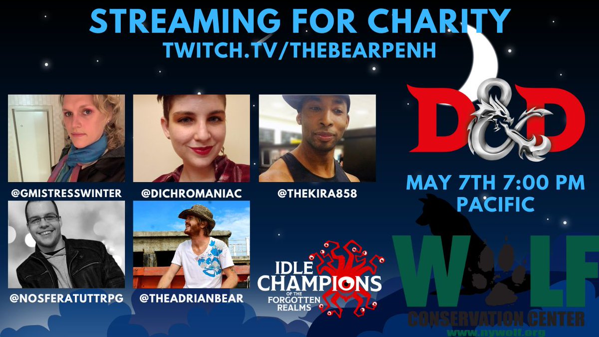 TheBearPenh's tweet photo. #MoonMay is streaming #TTRPGS to raise money for @nywolforg. Apex Predator tells the story of a pack of Werewolves Protecting the land from Evil. $50 raised during this stream will unlock 3 GOLD CHESTS for @idlechampions Donate via @tiltify : https://t.co/qQDvYnXLU8
#charity https://t.co/JVCmsskuEl