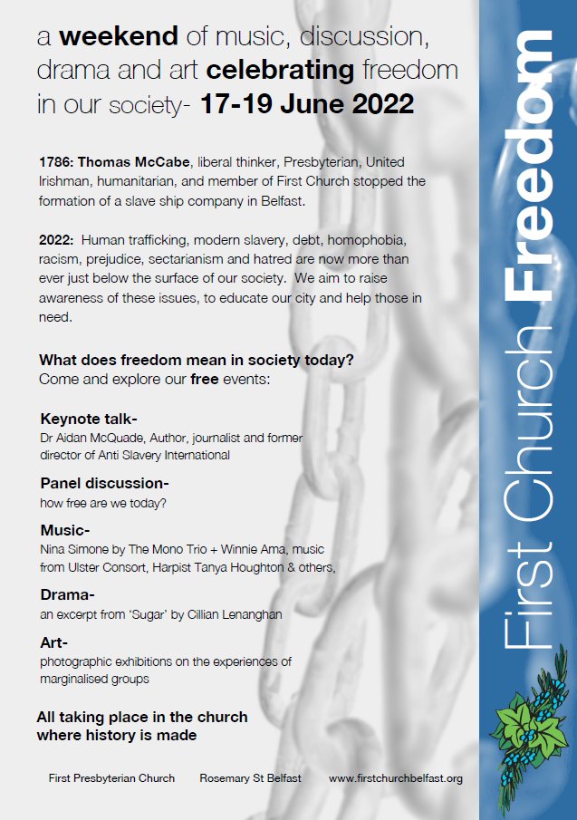 For more about what is happening at First Church's Freedom Festival (17-19th June) please keep an eye on the Latest News section of firstchurchbelfast.org as event details will appear there and on our Facebook page.