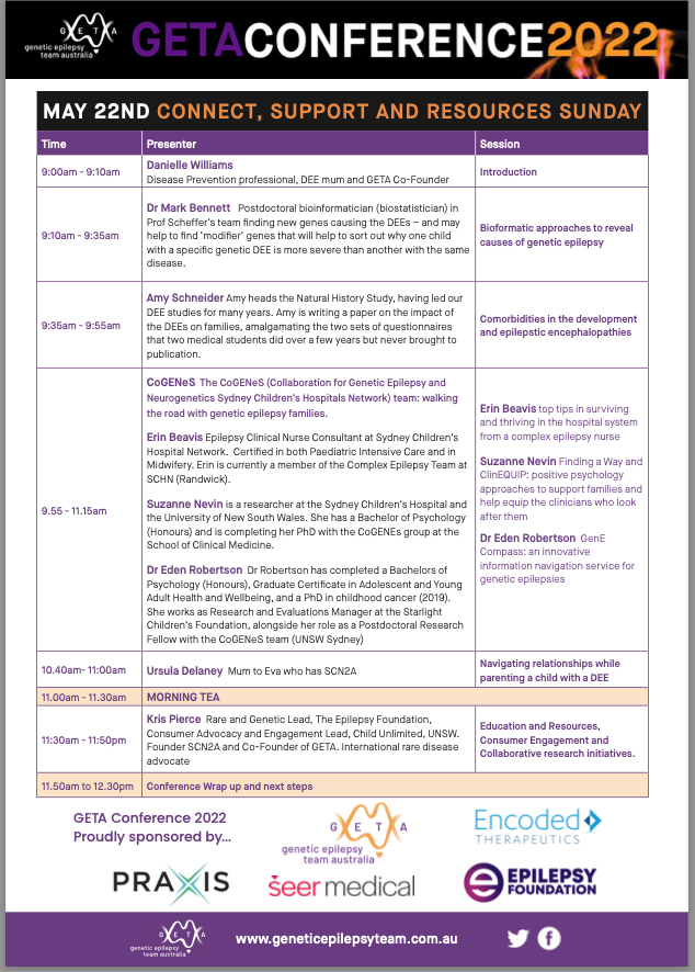 We are 2 weeks away from GETA - schedule below. There is still time to get your tickets here: eventbrite.com.au/e/geta-2022-sy… #GETA #raredisease #DEE #epilepsy #genetics #family #conference #neurotwitter