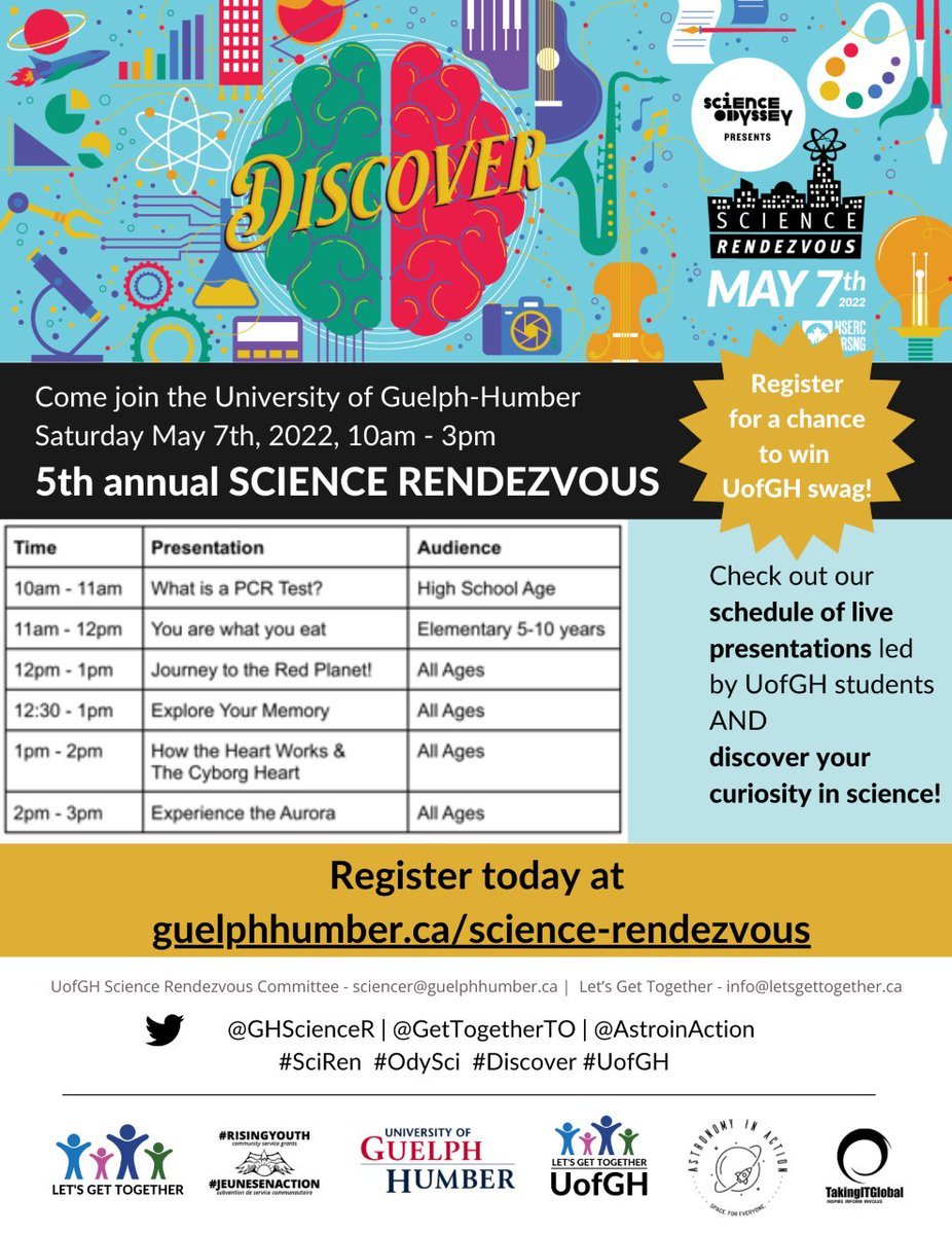 📢Today is #UofGH 5th annual student-led #free #virtual Science Rendezvous! Join #student #volunteers @guelphhumber <a href="/GetTogetherTO/">Let's Get Together</a> <a href="/AstroInAction/">Astronomy in Action</a> to #discover your #curiosity in #Science! 
Visit: guelphhumber.ca/science-rendez…
#STEAM #STEM #SciRen #OdySci #volunteer