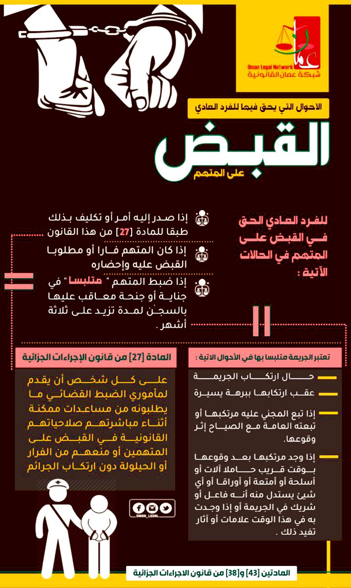#المحامي #ثقافة_قانونية
#معلومة_قانونية #القانون
■

حالات أحقية الفرد العادي في القبض على #المتهم وفقاً لقانون الاجراءات الجزائية في #سلطنة_عمان

👇🏾👇🏾👇🏾👇🏾