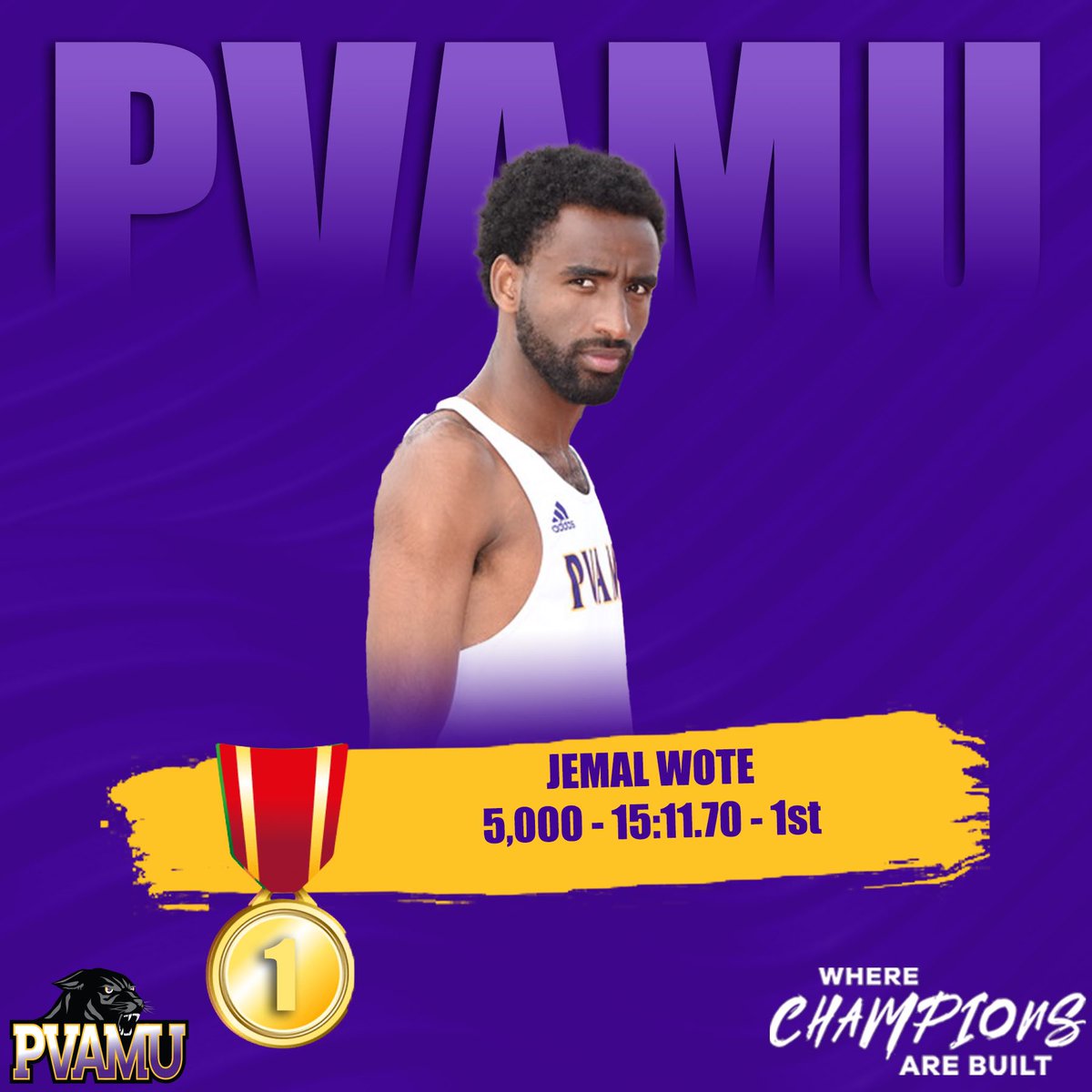 PVAMUPanthersTF's tweet photo. ๐๐ฉ๐๐ก๐ก ๐๐ค๐๐ฃ๐!
@jemal_w takes first in the men's 5000m run with a time of 15:11.70, while Worthington Moore finishes second, clocking at 15:19.48!
#pvamutf ๐จ https://t.co/Bz8rvmKE6b