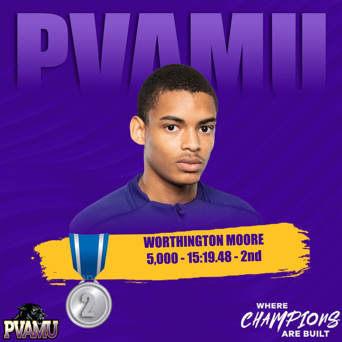 PVAMUPanthersTF's tweet photo. ๐๐ฉ๐๐ก๐ก ๐๐ค๐๐ฃ๐!
@jemal_w takes first in the men's 5000m run with a time of 15:11.70, while Worthington Moore finishes second, clocking at 15:19.48!
#pvamutf ๐จ https://t.co/Bz8rvmKE6b