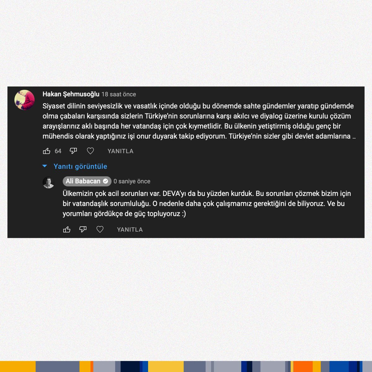 Fırsat buldukça yorumlarınızı okumaya çalışıyorum. Son günlerde en çok okuduğum şikayet ise siyasetteki seviye.

Öfkeden, nefretten, hakaretten bıktınız, biliyorum. O yüzden ben ve arkadaşlarım işimize yani ülkemizin sorunlarının çözümüne odaklanıyoruz.

youtu.be/i-iiC1UE_r8