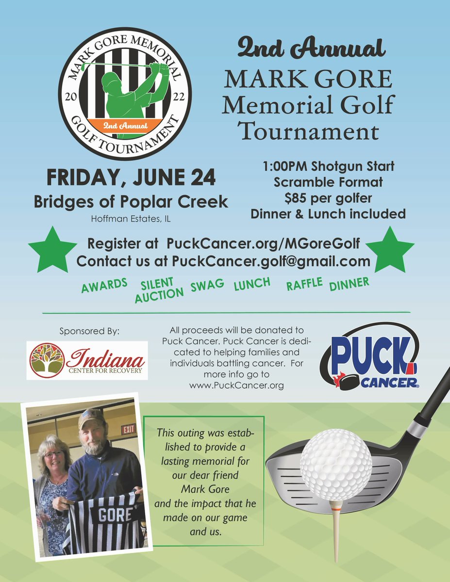 PuckCancer's tweet photo. Join us at the 2nd annual Mark Gore Memorial Golf Tournament.  June 24, Hoffman Estates.  Go here for more info! https://t.co/DUTWDf0XYa https://t.co/QzurL7H2kl
