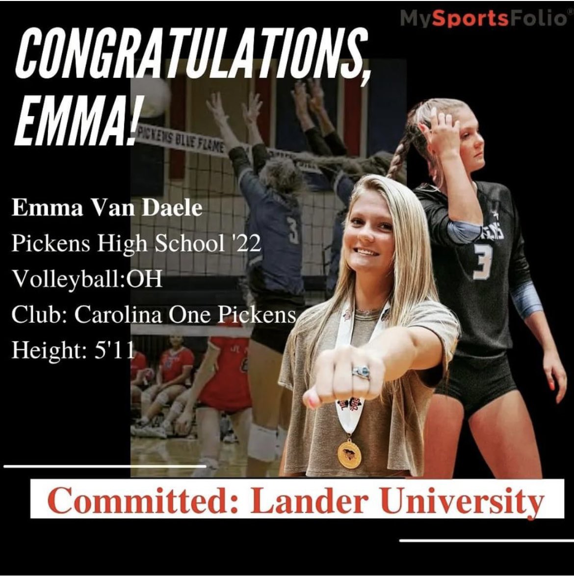 Commitment Alert!!! Congrats to Emma Van Daele on her commitment to Lander University!!! The MySportsFolio Team #collegeready #studentathlete <a href="/PickensHighSC/">Pickens High School</a> <a href="/LanderVBALL/">Lander Volleyball</a> <a href="/phsvbblueflame/">Pickens Volleyball</a>