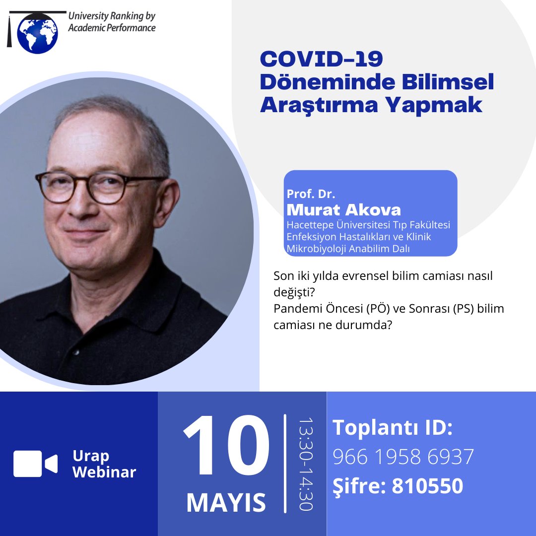 urap_center's tweet photo. URAP Webinar Serisinde bu ay Hacettepe Üniversitesi Tıp Fakültesi Enfeksiyon Hastalıkları ve Klinik Mikrobiyoloji Anabilim Dalı üyesi Prof. Dr. Murat Akova 10 Mayıs saat 13:30'da “COVID-19 Döneminde Bilimsel Araştırma Yapmak” hakkında bir seminer verecektir. https://t.co/MQAptGExV9