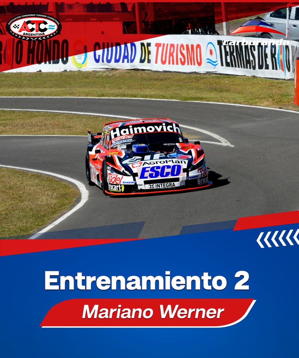 #TC ⏱️ Mariano Werner (Ford) dominó el segundo entrenamiento con un tiempo de 1m46s354/1000.
2° Gastón Mazzacane (Chevrolet) a 68/1000
3° Juan Cruz Benvenuti (Torino) a 234/1000
A las 16.05 la clasificación 
#TCenTermas #Werner
