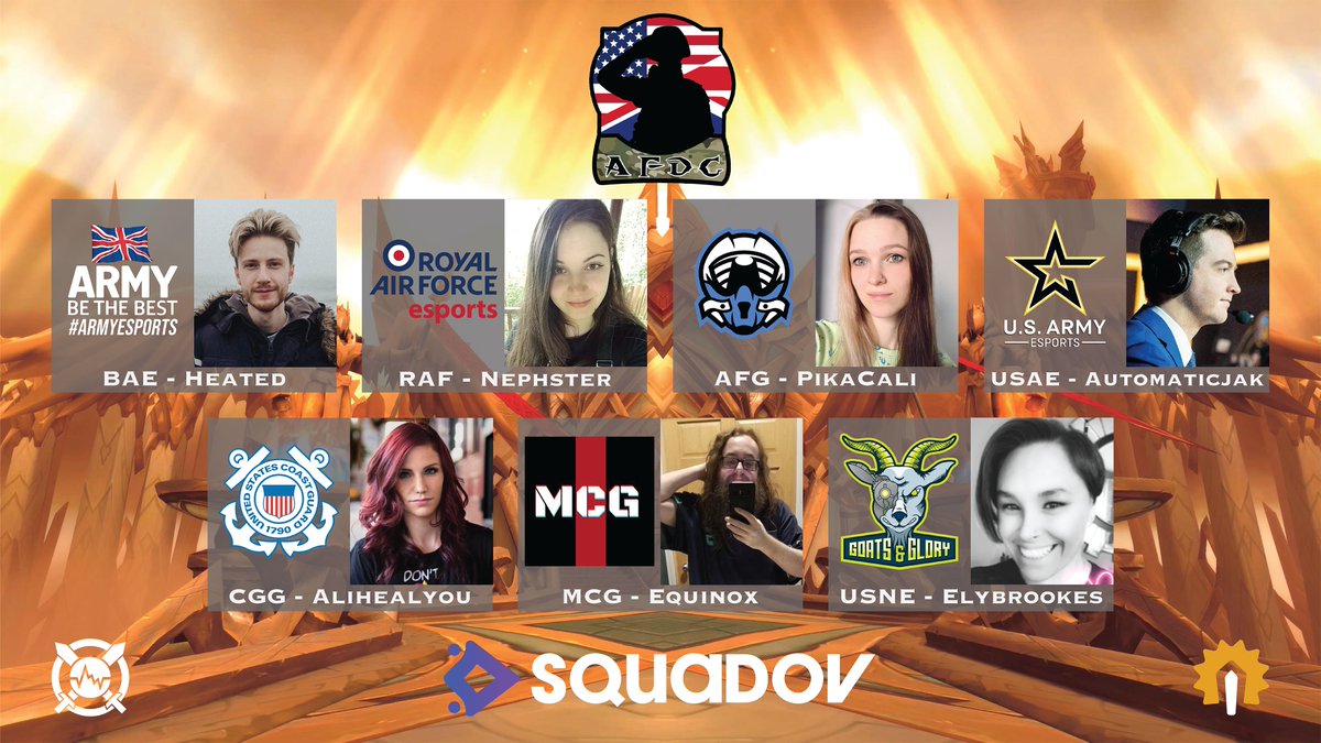 AFDL_Events's tweet photo. The moment we've been waiting for! We are excited to announce the talent that will be a part of each of the military teams! These influencers and pros will be the 5th player of their respective teams! Thank you so much to them for being a part of this! Their handles are below! https://t.co/zgZhirdRMI