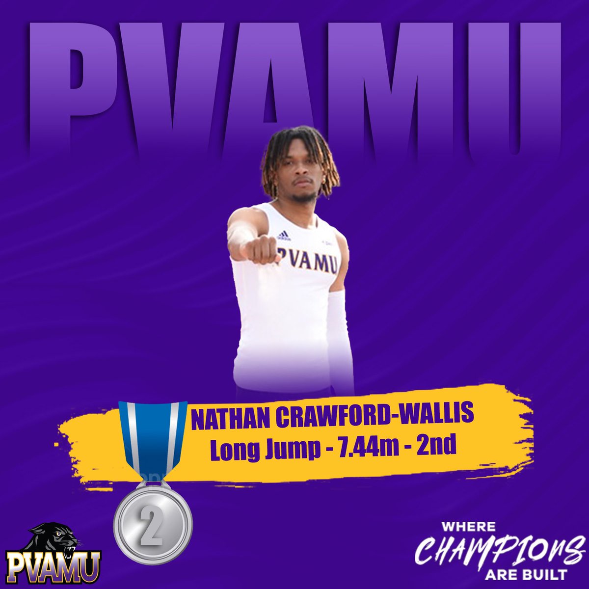 PVAMUPanthersTF's tweet photo. Nathan Crawford-Wallisโผ๏ธ
@Yovng_Flyer246 grabs second in the men's long jump, jumping 7.44m!
#pvamutf ๐จ https://t.co/snyfSOFfHR