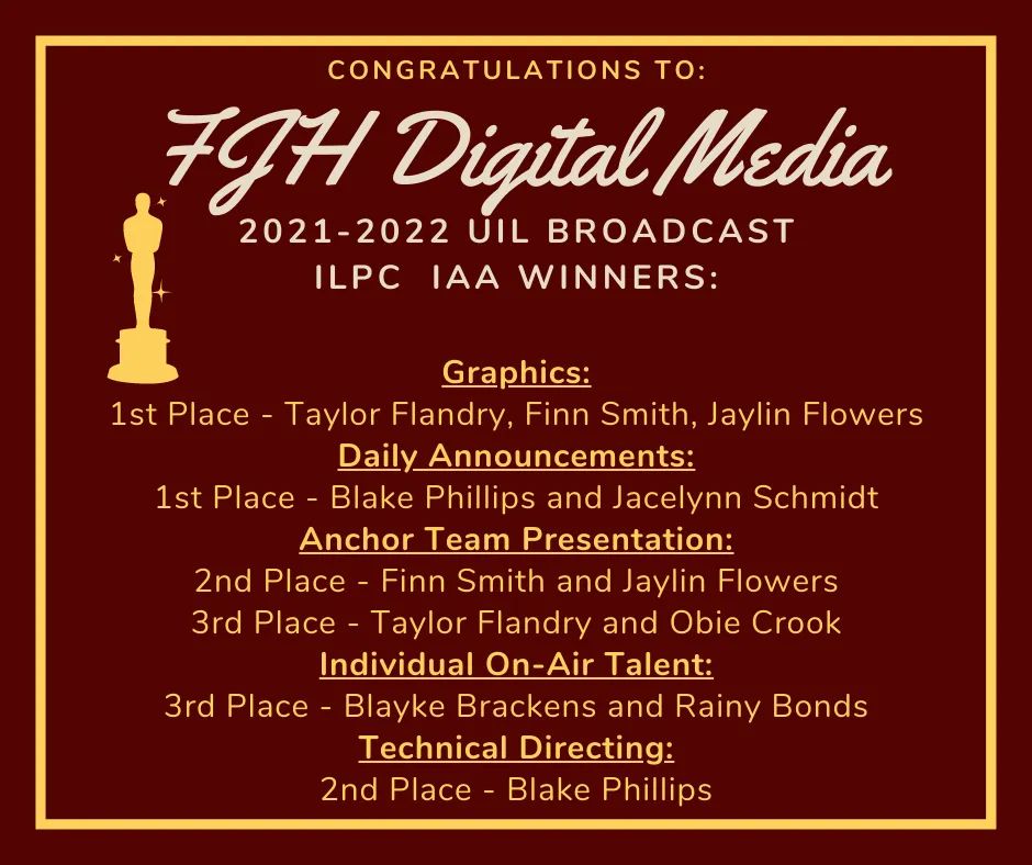 Congrats to FJH Digital Media and Broadcast Journalism! <a href="/FairfieldISD/">Fairfield ISD</a>