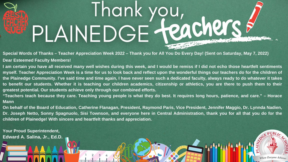 SUPT_SALINA's tweet photo. 📚 🍎 Teacher Appreciation Week 2022, Thank you Plainedge Teachers! https://t.co/MgWfXDbA4r